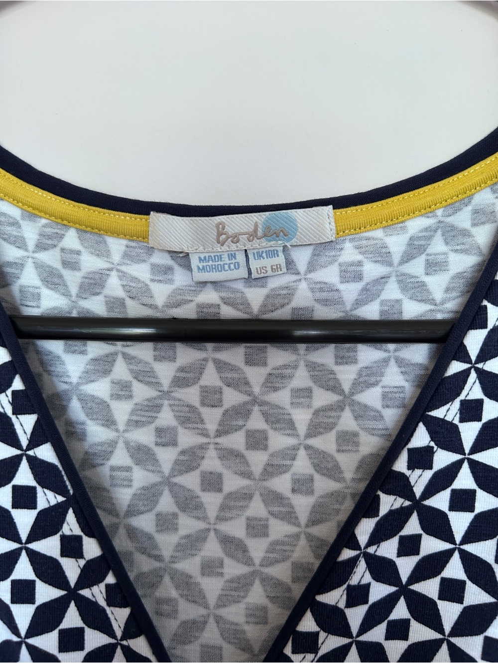 Boden Jenny Navy Wrap White Geometric Faux Wrap Dress Empire Waist Preppy Size 6